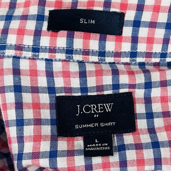 J Crew Large Slim Fit Summer Plaid Shirt Pink Blue Plaid Cotton Button Down - Picture 3 of 5